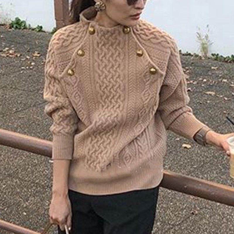 Fastener Decoration Solid Color Sweater Long Sleeve Twist Round Neck Sweater Top